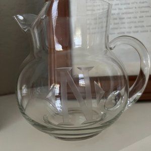 Glass pitcher w/ monogrammed "N" etched